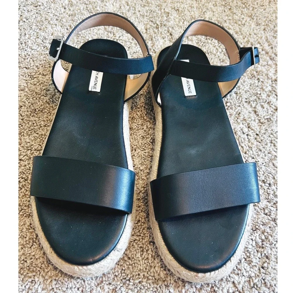 Saks Fifth Avenue Boho Black Leather Espadrille Platform Ankle Sandals SZ 9
